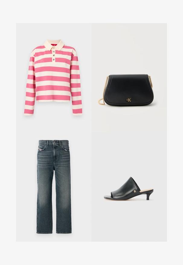 Polo de manga larga a rayas en rosa y crema. Presenta un cuello con solapa y tres botones decorativos en la parte delantera. Material de algodón.; Jeans rectos de color azul oscuro con una textura desgastada, diseño de cinco bolsillos y un pequeño detalle de logo en el bolsillo frontal.; Mules de cuero negro de punta abierta con un tacón bajo. Presentan una superficie lisa y un acento del logo dorado en el costado.; Bolso de hombro de cuero negro con correa de cadena dorada y pequeño logo dorado "CK" en el centro delantero.