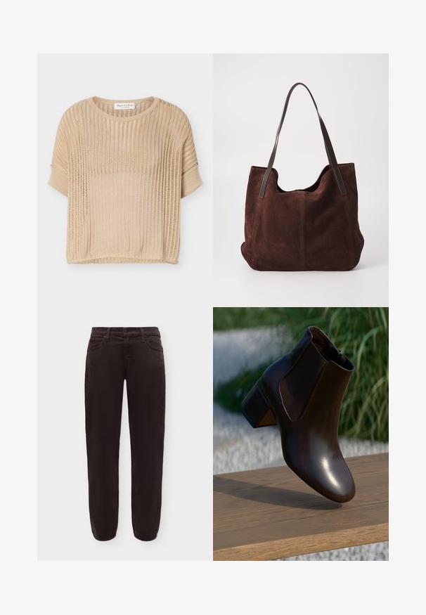 Pull beige à manches courtes en tricot avec motif ajouré et col rond, étiquette Marc O'Polo à l'intérieur du col.; Pantalon droit marron foncé avec bouton et fermeture éclair à l'avant, passants de ceinture et poches latérales, présenté sur fond blanc.; Bottine en cuir marron avec un bout rond et un petit talon block, dotée de panneaux latéraux élastiques et d'une finition lisse et brillante.; Sac fourre-tout en daim marron avec deux anses en cuir noir. Texture douce, haut arrondi et un intérieur spacieux. Aucun matériel ou embellissement visible.