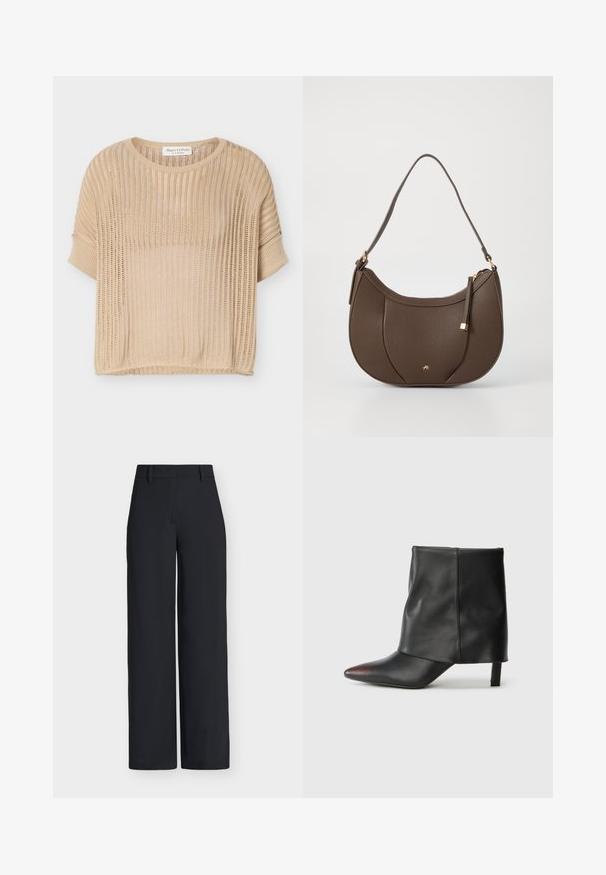 Pull beige à manches courtes en tricot avec motif ajouré et col rond, étiquette Marc O'Polo à l'intérieur du col.; Pantalon noir taille haute à jambes larges, avec passants pour ceinture et fermeture dissimulée à l'avant.; Bottine noire en cuir lisse avec un bout pointu et un talon effilé. La tige présente un design légèrement froncé.; Sac à main en cuir brun avec une forme courbée, accentué par un petit détail en métal doré et une surface texturée, doté d'une fermeture éclair.