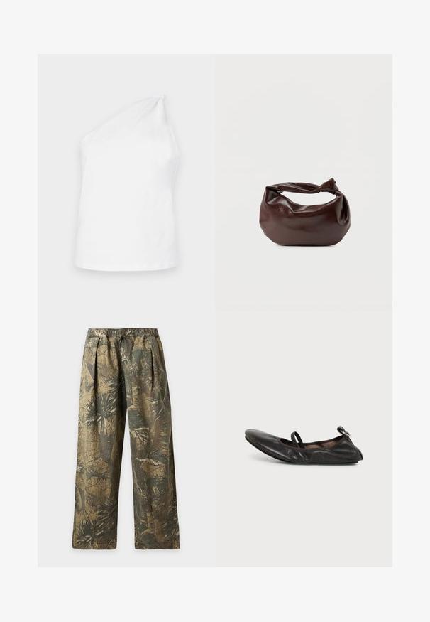 Débardeur en coton blanc avec un design à une seule épaule, présentant un accent noué. Texture lisse et style minimaliste.; Pantalon ample avec taille élastique, doté d'un imprimé camouflage de feuilles tropicales vertes et marron.; Chaussure plate en cuir noir avec bout arrondi, bride élastique sur le cou-de-pied et petit détail de boucle métallique au talon.; Sac bandoulière en cuir marron foncé avec une forme souple et décontractée et une anse nouée torsadée sur un fond blanc uni.