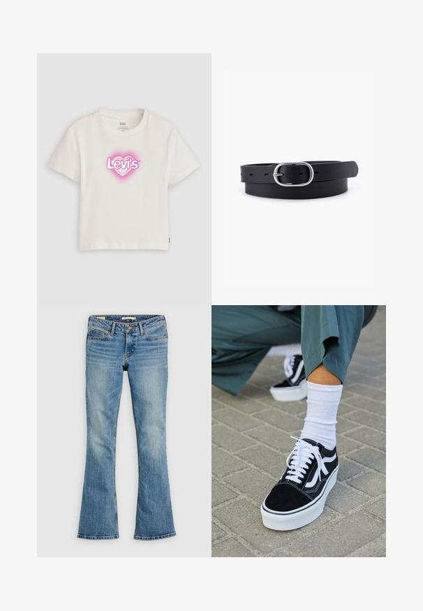 Λευκό βαμβακερό T-shirt με στρογγυλή λαιμόκοψη και κοντά μανίκια, που διαθέτει ένα ροζ σχέδιο καρδιάς με το κείμενο "Levi's" στο κέντρο.; Ανοιχτό μπλε τζιν με ξεβαμμένο εφέ, κλείσιμο με κουμπί και φερμουάρ μπροστά, σχεδιασμός με πέντε τσέπες και ελαφρώς καμπουρωτά μπατζάκια.; Μαύρο σουέτ sneaker με λευκές λεπτομέρειες και κορδόνια, με παχύ λευκό πάτο και αντίθετη ραφή, συνοδευόμενο από λευκή κάλτσα.; Μαύρη δερμάτινη ζώνη με λείο υφή, οβάλ ασημένια μεταλλική αγκράφα και πολλαπλές τρύπες ρύθμισης κατά μήκος της ζώνης. Επιπεδής, μινιμαλιστικός σχεδιασμός.