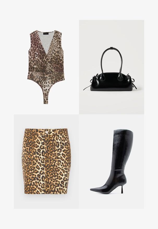 Body de estampado de leopardo con escote en V pronunciado, sin mangas, cintura fruncida y parte inferior alta en tonos marrón y beige.; Minifalda de mezclilla con estampado de leopardo en tonos marrones y beige, que presenta un cierre con botones en la parte delantera y dos bolsillos laterales.; Botas de tacón alto negras hasta la rodilla con un acabado de cuero brillante, punta afilada y tacón delgado y cónico, que presentan una superficie lisa y un diseño elegante.; Pequeño bolso negro brillante con dos asas largas y detalles de cordón lateral sobre un fondo claro liso.