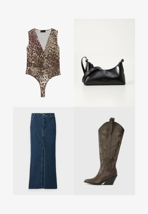 Leopardenmuster-Bodysuit mit tiefem V-Ausschnitt, ärmellosem Design, gerafftem Bund und hohem Bein in Brauntönen und Beige.; Good American FIT AND FLARE MAXI SKIRT - Jeansrock - indigo; Braune Leder-Cowboystiefel mit einer spitzen Zehe, Wedge-Absatz und dekorativer Stickerei. Besitzt einen hohen Schaft und eine Zuglasche.; Schwarze lederne Handtasche mit glatter Textur. Verfügt über einen verstellbaren Riemen und ein elegantes, minimalistisches Design mit einem Reißverschluss.