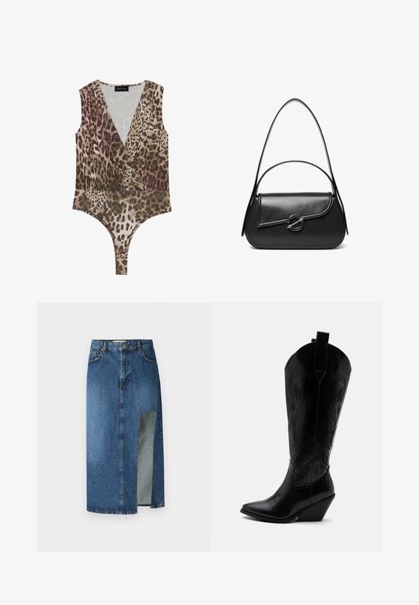 Leopardmønstret bodysuit med dyb V-hals, ærmeløst design, sammensamlet talje og højskåret bund i nuancer af brun og beige.; Denimskørt i medium blå med lige snit og sidelæg. Har klassisk fem-lomme-design og bæltestropper, med synlige stikninger.; Sort læder cowboystøvle med spidst tåparti, skråt blokhælhæl, dekorative sømme og trækstropper øverst mod hvid baggrund.; Sort skuldertaske i læder med en buet klap, der er fastgjort med en rund metal spænde, og en slank, justerbar rem.