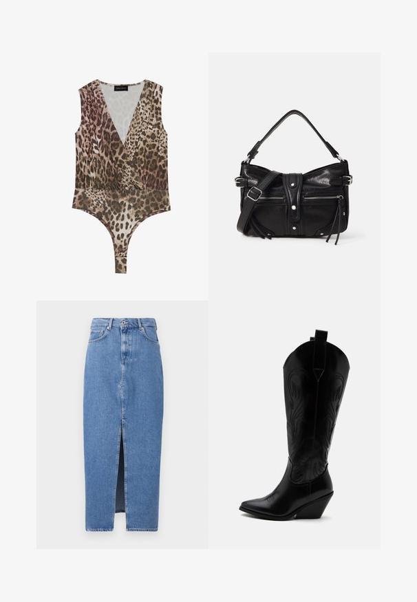 Leopardmønstret bodysuit med dyb V-hals, ærmeløst design, sammensamlet talje og højskåret bund i nuancer af brun og beige.; Lyseblå denim midi-nederdel med en frontslids, klassisk fem-lomme design og lukning med topknap. Stoffet har en let struktur.; Sort læder cowboystøvle med spidst tåparti, skråt blokhælhæl, dekorative sømme og trækstropper øverst mod hvid baggrund.; Even&Odd by Zalando H24462 - Håndtasker - black