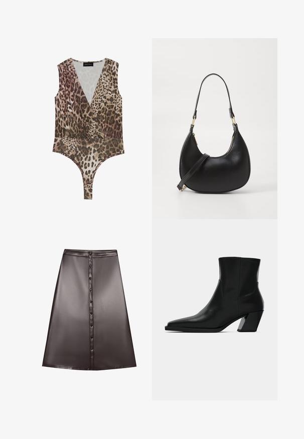 Body de estampado de leopardo con escote en V pronunciado, sin mangas, cintura fruncida y parte inferior alta en tonos marrón y beige.; Falda A-line de imitación cuero marrón con una textura suave, que cuenta con un cierre de botones en la parte frontal y un dobladillo que cae por encima de la rodilla.; Bota de tobillo de cuero negro con punta afilada, una silueta elegante y un tacón cuadrado grueso. Textura suave con detalles de costura mínimos.; Bolso de mano de cuero negro con forma curva, que cuenta con un cierre superior con cremallera, un asa corta y una correa para el hombro desmontable. Accesorios en dorado.