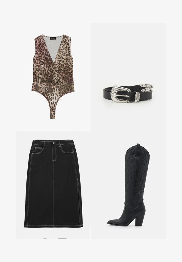 Leopardmønstret bodysuit med dyb V-hals, ærmeløst design, sammensamlet talje og højskåret bund i nuancer af brun og beige.; Sort denimnederdel med ret snit, udstyret med hvid syning, knappelukning foran og to forlommer. Glat tekstur.; Zign by Zalando LEATHER - Cowboy- / bikerstøvler - black; Sort læderbælte med en stor sølvmetalspænde, der har indviklede detaljer og dekorative accenter i begge ender.
