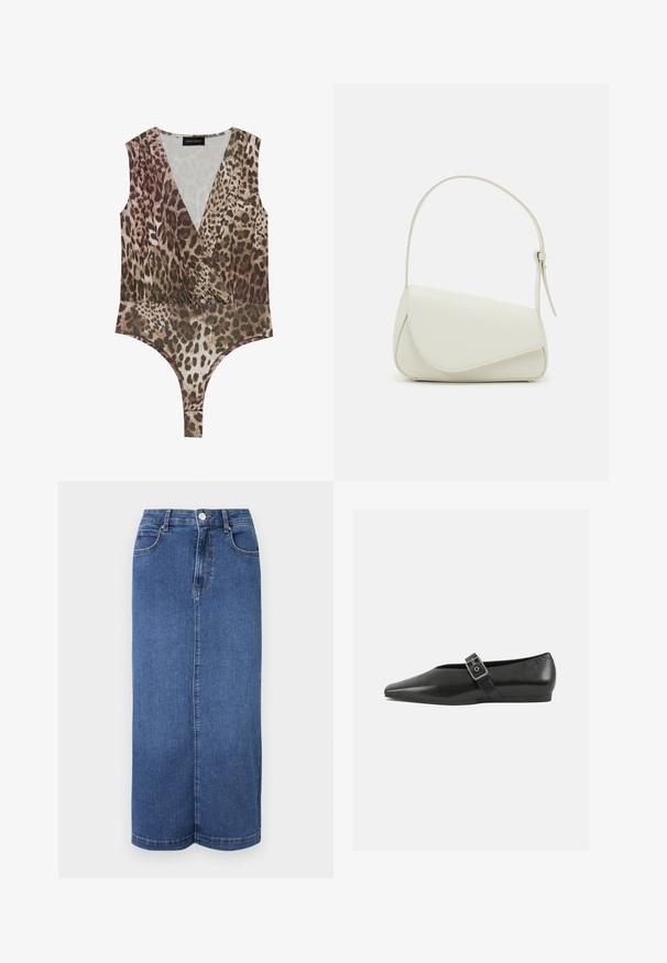 Leopardmønstret bodysuit med dyb V-hals, ærmeløst design, sammensamlet talje og højskåret bund i nuancer af brun og beige.; Mørkeblå denim maxiskørt med lige snit, talje med knaplukning og minimale syninger.; Sorte læder flade sko med spidse tæer, prydet med en metallisk spænde over vristen og en lav, fleksibel sål.; Hvid taske i faux læder med en struktureret trekantet form, enkelt justerbart skulderstrop og en flaplås med kurver.