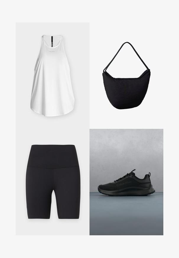 Λευκό αμάνικο αθλητικό τοπ Calvin Klein με racerback και μικρό λογότυπο στο στήθος και κάθετη ρίγα με λογότυπο στην πλάτη.; Μαύρα σορτς ποδηλασίας με ψηλή μέση, επίπεδες ραφές και μήκος μέχρι το μέσο του μηρού, σχεδιασμένα για αθλητική ή casual χρήση.; Μαύρο αθλητικό παπούτσι Calvin Klein με παχιά σόλα που αιωρείται πάνω από ξύλινα πλακάκια με μικρές πέτρες, θολό τοίχο και πρασινάδα στο φόντο.; Μαύρη υφασμάτινη τσάντα ώμου με καμπύλο κάτω μέρος και λεπτό διπλό λουράκι, σχεδιασμένη για καθημερινή ή casual χρήση.