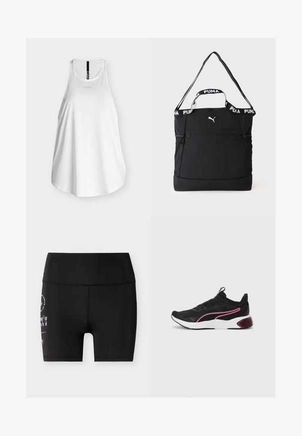 Λευκό αμάνικο αθλητικό τοπ Calvin Klein με racerback και μικρό λογότυπο στο στήθος και κάθετη ρίγα με λογότυπο στην πλάτη.; Μαύρα αθλητικά σορτς ποδηλάτου με ψηλό ζωνάρι και λευκό τυπωμένο κείμενο και λογότυπο στον αριστερό μηρό.; Μαύρα αθλητικά παπούτσια με επάνω μέρος από δίχτυ, ροζ λεπτομέρειες, λευκή ενδιάμεση σόλα και καουτσούκ σόλα. Διαθέτουν ασφαλή σχεδίαση με κορδόνια και επενδεδυμένο κολάρο.; Μαύρη τσάντα tote Puma με δύο λαβές, έναν ρυθμιζόμενο ιμάντα ώμου, δίχτυα πλαϊνές τσέπες και μικρό λευκό λογότυπο Puma μπροστά.