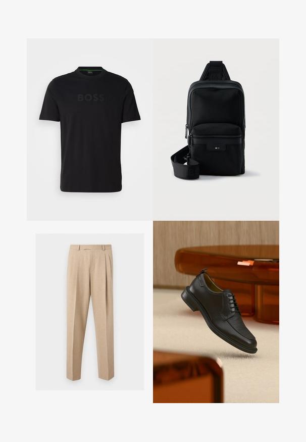 T-shirt noir à manches courtes avec un col rond et un logo "BOSS" ton sur ton à l'avant. Confectionné dans un tissu lisse et doux.; Pantalon beige sur mesure avec plis sur le devant, passants de ceinture et jambes droites, présenté sur un fond clair et uni.; Chaussure habillée noire en cuir à lacets avec devant texturé, flottant au-dessus d'un tapis beige dans une pièce moderne avec des meubles teintés d'ambre.; Sac bandoulière compact noir avec poche zippée à l'avant, sangle réglable et tissu texturé sur fond uni.