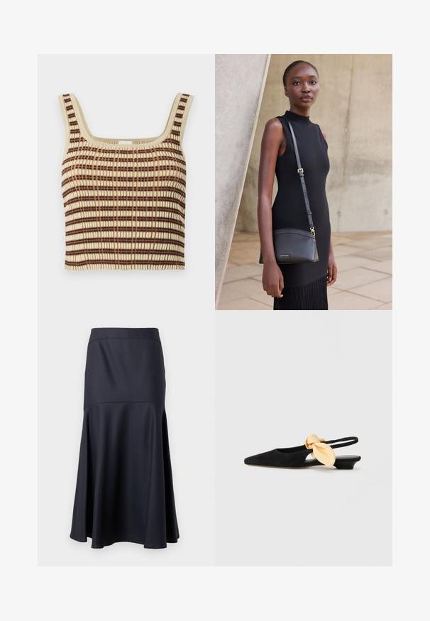 Ribbet, cropped tank top i creme med brune og orange lodrette striber. Har en firkantet udskæring og brede stropper for støtte.; Sort højtaljet A-line nederdel med sømdetalje under hofterne, der udvider sig mod kanten, præsenteret mod en ensfarvet baggrund.; NEOUS UBA - Slingback-ballerinasko - black; Ung kvinde i en ærmeløs sort kjole med en sort læder crossbodytaske, stående mod en lys betonvæg.
