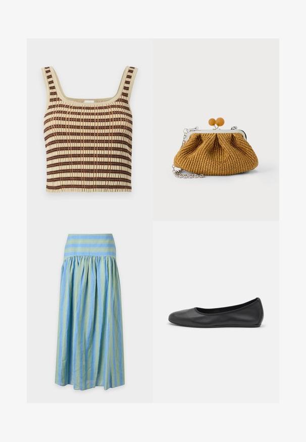 Ribbet, cropped tank top i creme med brune og orange lodrette striber. Har en firkantet udskæring og brede stropper for støtte.; Lang nederdel med lodrette grønne og blå striber, samlet under et vandretstribet linning i matchende farver.; Sort læderballetsko med rund tå, glat tekstur, minimal syning og et fleksibelt såldesign.; Lille brun flettet clutch-pung med sølvmetalramme, to runde trælåse og en kort sølvkæderem på en hvid baggrund.