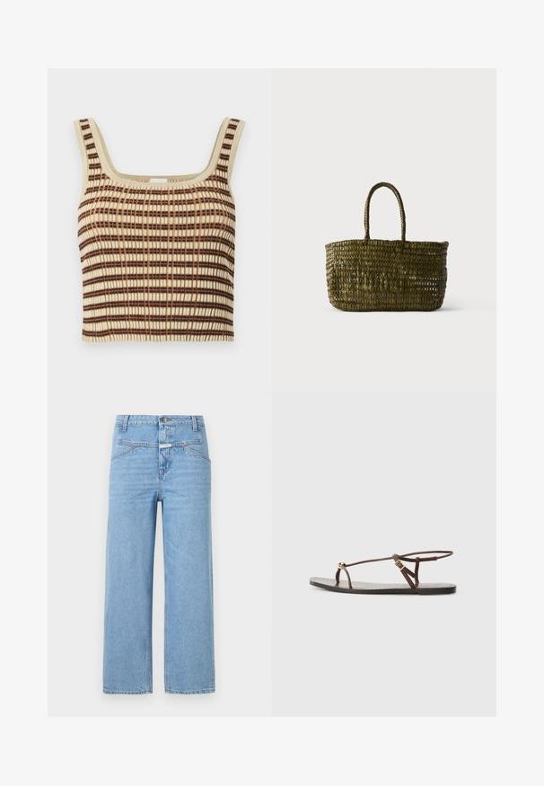 Ribbet, cropped tank top i creme med brune og orange lodrette striber. Har en firkantet udskæring og brede stropper for støtte.; CLOSED STOVER - Jeans Relaxed Fit - light blue; Brun lædersandal med tynde remme, en gylden cirkulær detalje og en flad sål. Minimalistisk design med en justerbar spændedetalje.; Olivengrøn vævet tote-taske med to afrundede håndtag mod en ensartet lys baggrund.