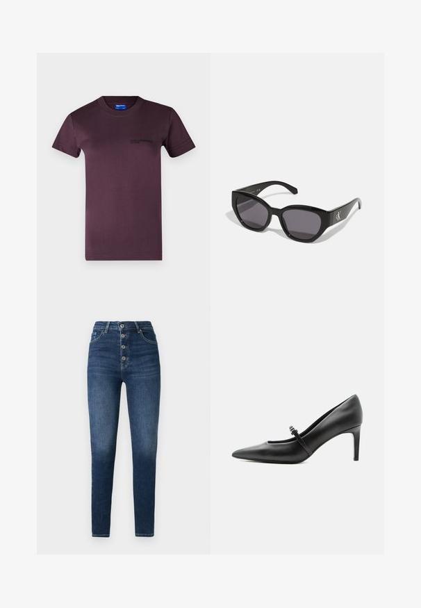 Camiseta de algodón morado oscuro con mangas cortas, cuello redondo y un logotipo impreso en negro en el lado izquierdo del pecho. Textura suave.; Vaqueros de mezclilla azul de tiro alto con una silueta ajustada, que cuentan con cinco botones y un ligero desgaste en las piernas. Diseño clásico de cinco bolsillos.; Zapato de tacón alto de cuero negro con punta puntiaguda, con tira fina y hebilla sobre el empeine, sobre fondo claro y neutro.; Gafas de sol negras con un diseño elegante y angular, lentes oscuros y un logo plateado en contraste en el lateral. Textura de plástico suave.