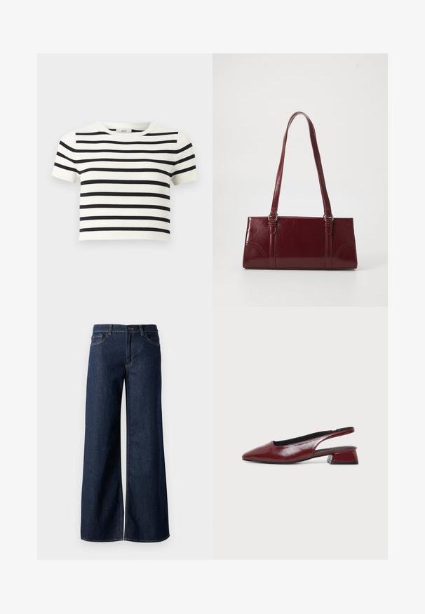 Witte cropped top met korte mouwen, horizontale zwarte strepen en een ronde hals.; Stijlen met wijde pijpen in donkerblauw denim. Kenmerkt zich door contrasterende stiksels, vijf zakken en een knoopsluiting in de taille. Soepele textuur.; Maroon leren slingback schoen met puntige neus en lage blokhak, zijaanzicht op een effen lichte achtergrond.; Bourgondische handtas van glanzend materiaal, rechthoekige vorm, met twee schouderbanden en subtiele gebogen accenten aan de voorkant.