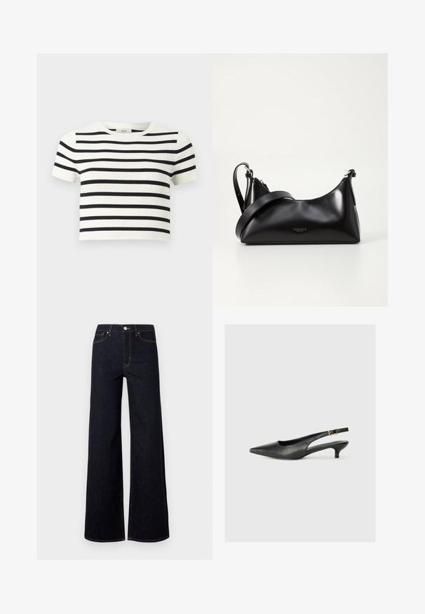 Witte cropped top met korte mouwen, horizontale zwarte strepen en een ronde hals.; Donkerblauwe wijde jeans van denim, met een hoge taille, contrasterende stiksels en een enkele metalen knoop aan de voorkant.; Zwarte puntschoen met slingback van soepel leer. Kenmerkt zich door een dunne hak en een gespdetail op de verstelbare band.; Zwarte leren handtas met een gladde textuur. Beschikt over een verstelbare schouderband en een strak, minimalistisch ontwerp met een ritssluiting.