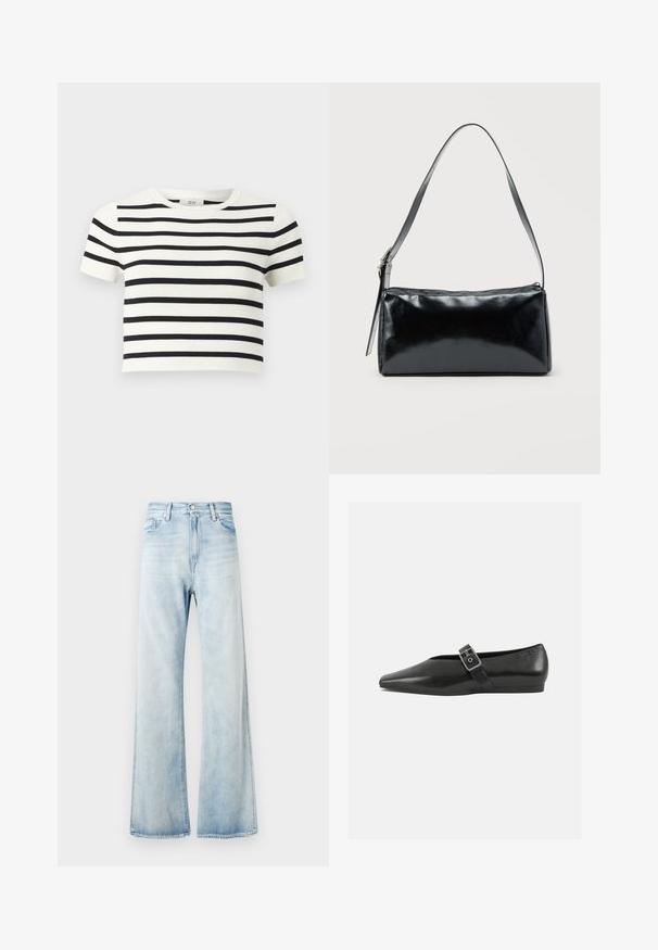Hvid kortærmet cropped top med vandrette sorte striber og rund halsudskæring.; Lyseblå denim flare jeans med høj talje, forlommer og knaplukning. Falmet finish med en glat tekstur og opsvingskanter.; Sorte læder flade sko med spidse tæer, prydet med en metallisk spænde over vristen og en lav, fleksibel sål.; Sort rektangulær skuldertaske med en enkelt justerbar rem og lynlås i toppen på en ensfarvet baggrund.