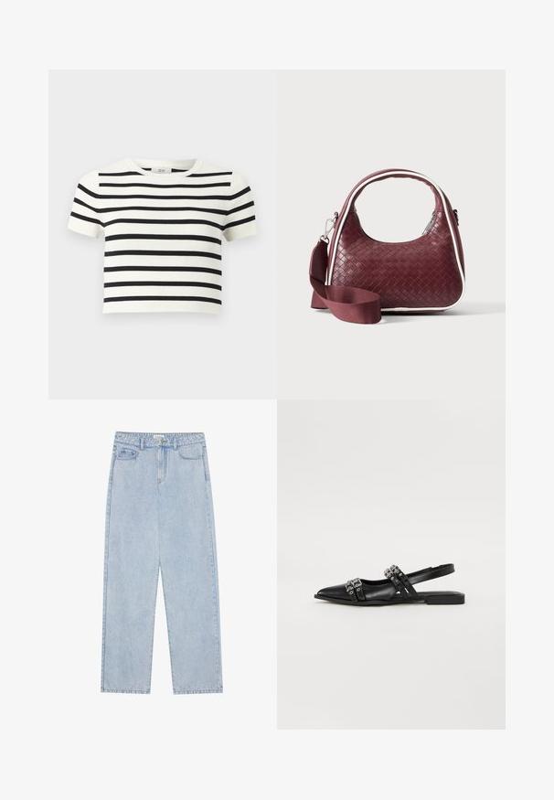 Weißes kurzärmeliges bauchfreies Top mit horizontalen schwarzen Streifen und rundem Ausschnitt.; Helles blau, hoch taillierte Denim-Jeans mit geradem Bein, fünf Taschen und sichtbaren Nähten. Material hat eine klassische Waschtextur.; Even&Odd Sling-Ballerina - black; Dunkelrote gewebte Ledertasche mit gebogenem Griff, weißem Besatz, silbernem Reißverschluss und abnehmbarem breitem Stoff-Schulterriemen vor einfarbigem Hintergrund.