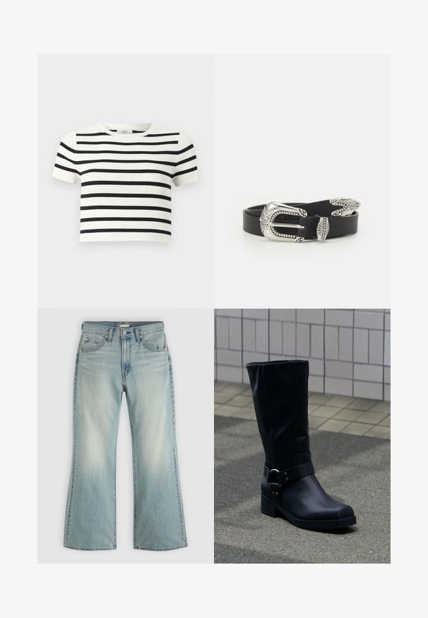 Λευκό κοντομάνικο crop top με οριζόντιες μαύρες ρίγες και στρογγυλή λαιμόκοψη.; Ανοιχτό μπλε τζιν με ψηλή μέση, κουμπί και φερμουάρ εμπρός, πέντε τσέπες και ελαφρώς φουσκωτά πόδια.; Μαύρη δερμάτινη μπότα μέχρι τη μέση της γάμπας με χαμηλό χοντρό τακούνι και διακοσμητικό λουρί με μεταλλική αγκράφα γύρω από τον αστράγαλο, σε πλακόστρωτο πεζοδρόμιο.; Μαύρη δερμάτινη ζώνη με μεγάλη ασημένια μεταλλική αγκράφα, η οποία έχει περίπλοκες λεπτομέρειες και διακοσμητικά στοιχεία και στις δύο άκρες.