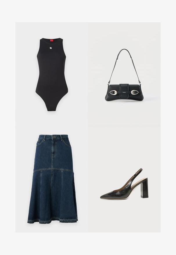 Body noir avec un design sans manches, fabriqué en matériau lisse. Présente un petit logo blanc sur la poitrine et une ouverture de jambe haute.; Jupe en denim bleu foncé à forme évasée, avec une taille haute, des poches avant et un ourlet brut. Texture usée et détails de couture.; Chaussure slingback en cuir noir à bout pointu avec un talon bloc haut et une doublure intérieure beige sur un fond clair uni.; Sac bandoulière en cuir noir avec deux boucles en argent et une bandoulière ajustable, arborant le logo "HUGO" au centre devant.