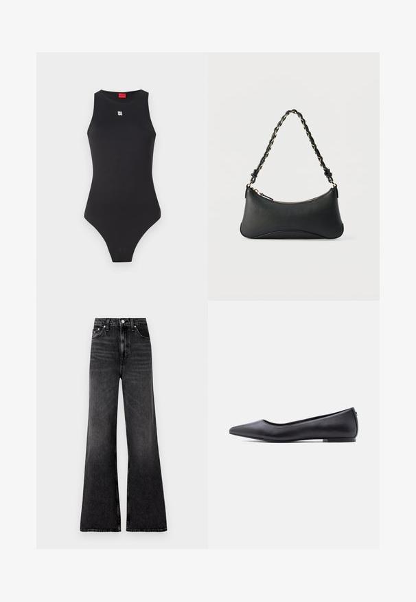 Body noir avec un design sans manches, fabriqué en matériau lisse. Présente un petit logo blanc sur la poitrine et une ouverture de jambe haute.; Jean en denim noir à jambes larges avec une finition légèrement délavée, taille haute, fermeture à bouton en métal et détails de couture minimaux.; Chaussure plate en cuir noire à bout pointu avec petit talon, vue de profil sur fond blanc.; Sac à bandoulière en cuir noir de forme rectangulaire incurvée, avec une chaîne dorée tissée dans la bandoulière noire tressée et une fermeture éclair sur le dessus.
