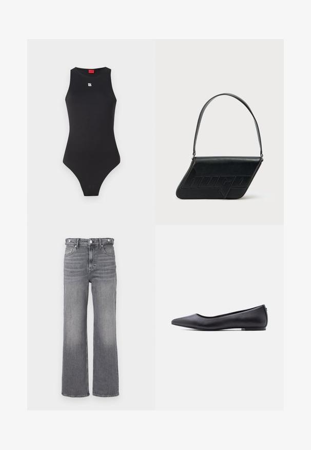 Body noir avec un design sans manches, fabriqué en matériau lisse. Présente un petit logo blanc sur la poitrine et une ouverture de jambe haute.; Jean gris slim taille haute avec fermeture à bouton et fermeture éclair, poches avant et arrière, et détails discrets délavés.; Chaussure plate en cuir noire à bout pointu avec petit talon, vue de profil sur fond blanc.; Sac d'épaule en cuir noir de forme triangulaire, avec un logo embossé et une seule bandoulière réglable. Design minimaliste avec une texture lisse.