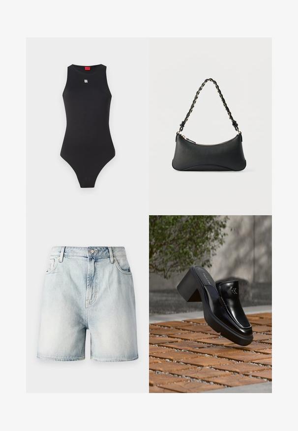 Body noir avec un design sans manches, fabriqué en matériau lisse. Présente un petit logo blanc sur la poitrine et une ouverture de jambe haute.; Shorts en denim bleu clair avec fermeture par bouton, cinq poches et une texture délavée. Coupe droite au design classique.; Mule slip-on en cuir noir Calvin Klein avec talon bloc reposant sur des carreaux en bois à l'extérieur près d'une plante verte et d'un mur gris.; Sac à bandoulière en cuir noir de forme rectangulaire incurvée, avec une chaîne dorée tissée dans la bandoulière noire tressée et une fermeture éclair sur le dessus.
