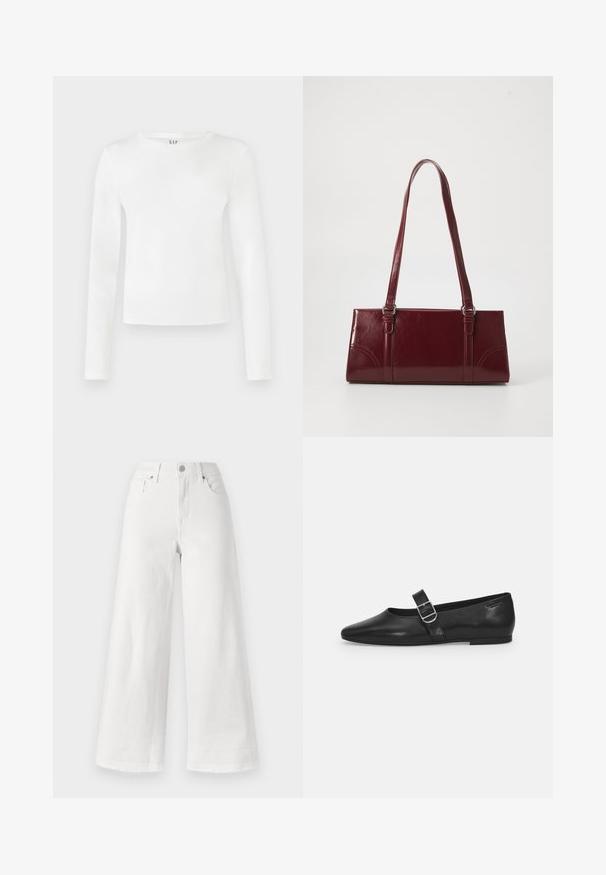 Chemise à manches longues et col rond en tissu blanc uni. Présente une silhouette ajustée avec une texture lisse et un logo de la marque discret au niveau du col.; Jean large blanc en denim, avec une taille haute, un design à quatre poches et un ourlet brut en bas pour ajouter de la texture.; Chaussure plate en cuir noir avec un bout arrondi, une seule sangle réglable à boucle et une texture lisse et brillante. Design minimaliste avec un petit talon.; Sac à main bordeaux en matériau brillant, de forme rectangulaire, avec deux anses et des accents légèrement courbés à l'avant.