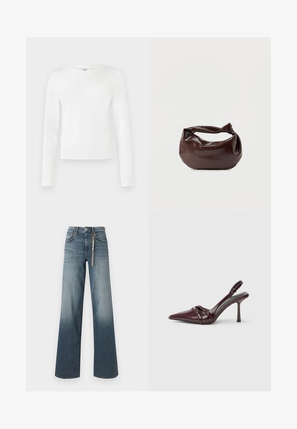 Chemise à manches longues et col rond en tissu blanc uni. Présente une silhouette ajustée avec une texture lisse et un logo de la marque discret au niveau du col.; Jean droit en denim bleu avec un lavage délavé et une chaîne dorée ornée de perles suspendue à la boucle de ceinture avant.; Escarpin slingback en cuir verni bordeaux avec bout pointu, fine bride à la cheville et petit détail décoratif de boucle. Texture lisse et talon haut.; Sac bandoulière en cuir marron foncé avec une forme souple et décontractée et une anse nouée torsadée sur un fond blanc uni.
