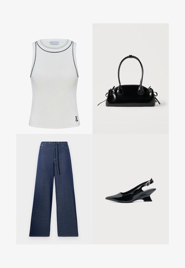 Camiseta de tirantes blanca con canalé y un escote alto, con acentos en azul marino a lo largo de los bordes. Presenta un pequeño logo en la parte inferior derecha. Tela elástica.; Pantalones de mezclilla de pierna ancha en azul oscuro, con una cinturilla ajustable, bolsillos frontales y detalles de costura en blanco contrastante.; Zapato slingback de cuero charol negro con puntera puntiaguda y tacón bajo en bloque inclinado sobre fondo claro liso.; Pequeño bolso negro brillante con dos asas largas y detalles de cordón lateral sobre un fondo claro liso.
