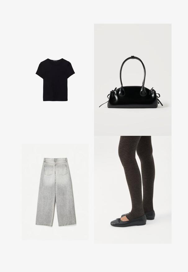 T-shirt en coton noir à manches courtes, col rond et design simple. Texture douce sans motifs ni accents visibles.; Jean en denim gris à jambes larges avec une finition délavée, présentant deux poches arrière et un ourlet brut.; Jambes portant des leggings côtelés foncés associés à des ballerines noires avec de petits détails en nœud sur fond blanc.; Petit sac à main noir brillant avec deux longues anses et des détails à cordon sur les côtés sur un fond clair uni.