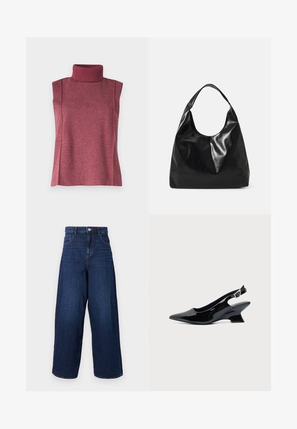 Haut sans manches à col roulé en tissu tricoté bordeaux, avec un col côtelé haut et des coutures latérales pour la structure et l'ajustement.; Jean en denim bleu foncé à jambes larges, taille haute, cinq poches et fermeture à bouton. Le tissu a une texture lisse avec un léger délavage.; Chaussure slingback en cuir verni noir avec bout pointu et petit talon bloc incliné sur fond clair uni.; Sac hobo en cuir noir avec une texture douce et brillante et un haut ouvert arrondi. Dispose d'une large sangle courbée pour le transport. Pas de matériel visible.
