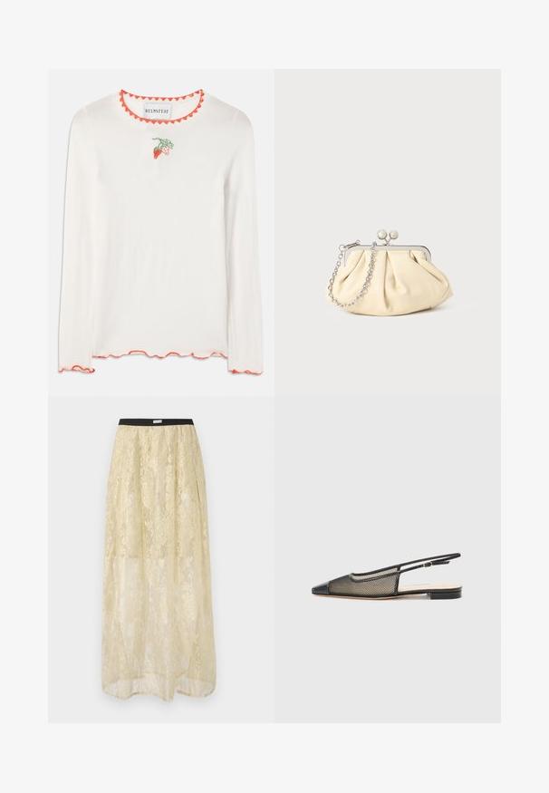 Camisa blanca de manga larga con un escote rojo con forma de ondas. Presenta un pequeño bordado de una fresa verde y roja en el frontal.; Falda larga hasta el suelo color beige translúcido con patrón floral metálico y cinturilla elástica negra con la etiqueta "MUNTHE".; Zapato slingback negro y dorado con punta afilada, diseño de malla y suela plana. Presenta una fina correa para el tobillo con un acento de hebilla circular.; Clutch de cuero beige plisado con un marco de metal plateado, que cuenta con dos broches decorativos redondos y una correa de cadena plateada.