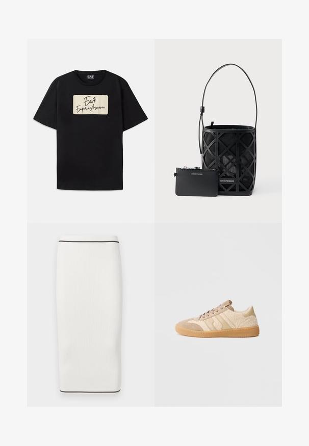 Sort bomulds t-shirt med et rektangulært brandlogo i en cremelignende farve med håndskrevet stil. Korte ærmer og standard pasform.; Strikket blyantskørt i hvid med ribbet tekstur, med en sort accentlinje ved taljen og kanten, designet til at sidde tæt til kroppen.; Beige sneakers med en kombination af ruskind og tekstureret stof, med gummisål og kontrasterende beige striber. Rund snude og snørelukning.; Sort spandformet håndtaske med geometrisk udskæringsdesign og matchende lille lynlåspung, begge mærket Emporio Armani.