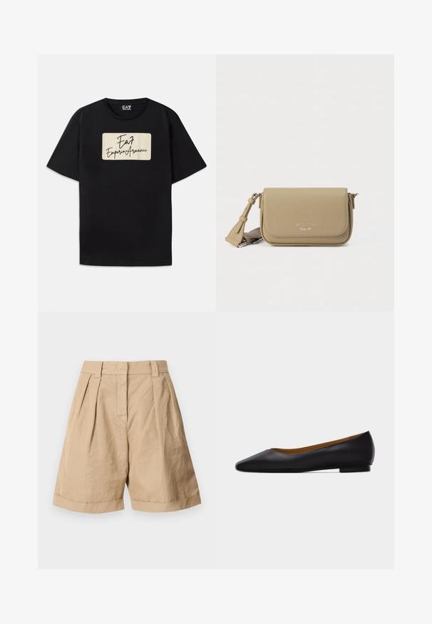 Camiseta negra de algodón con un logo rectangular de la marca en color crema con texto de estilo manuscrito. Mangas cortas y un corte estándar.; Pantalones cortos de lino beige con cintura alta, dos pliegues frontales y puños doblados. Textura suave con un diseño ajustado.; Zapato plano de punta puntiaguda de cuero negro con tacón bajo y acabado liso, mostrado de perfil sobre un fondo gris claro.; Bolso bandolera de cuero caqui con acabado texturizado, cierre con solapa, logotipo plateado y correa ajustable. Forma rectangular compacta.