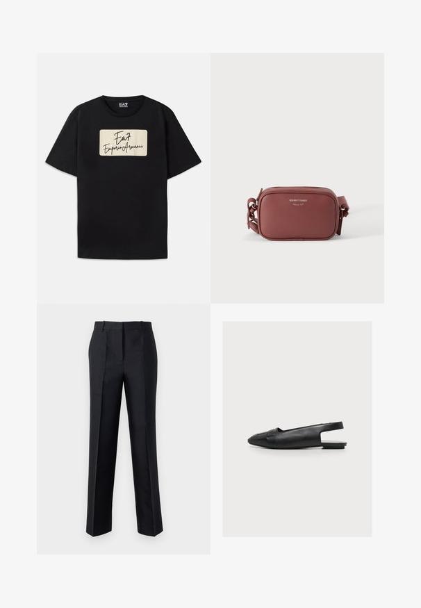Camiseta negra de algodón con un logo rectangular de la marca en color crema con texto de estilo manuscrito. Mangas cortas y un corte estándar.; Pantalones negros con corte recto, textura suave y cierre de cremallera oculta. Presentan pinzas para un estilo adicional y un aspecto ajustado.; Zapato plano de piel negra con talón descubierto, puntera puntiaguda y detalle tejido en la parte delantera, mostrado de perfil sobre un fondo blanco.; Pequeño bolso bandolera rectangular de cuero marrón con cremallera plateada y correa ajustable sobre fondo blanco.