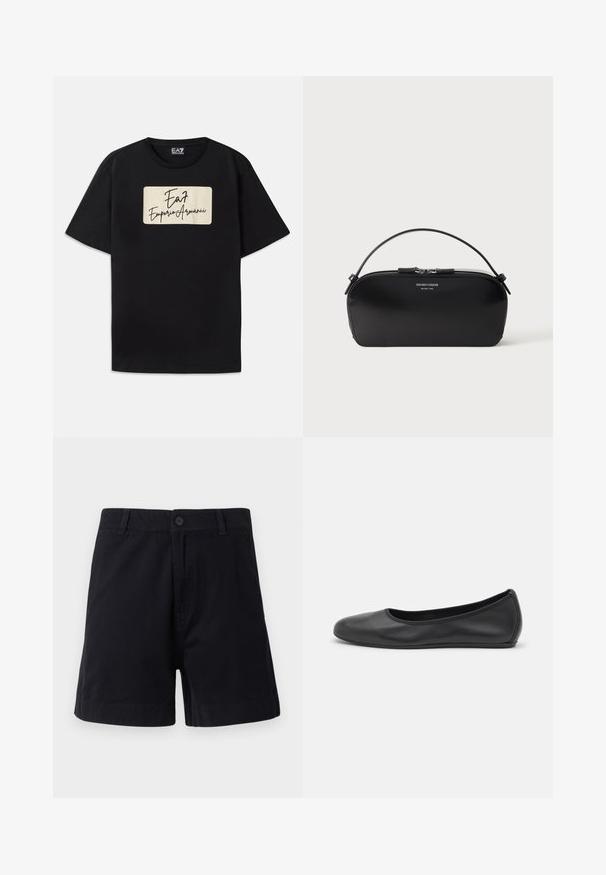 Camiseta negra de algodón con un logo rectangular de la marca en color crema con texto de estilo manuscrito. Mangas cortas y un corte estándar.; Pantalones cortos de algodón en azul marino oscuro con cierre de botón, bolsillos laterales y corte recto, con una textura suave y diseño sencillo.; Bailarina de piel negra con punta redondeada, textura suave, detalle de costura minimalista y diseño de suela flexible.; Bolso pulsera de cuero negro con cremallera plateada y asa corta, logo Emporio Armani Milano 1981 en relieve en el frente.