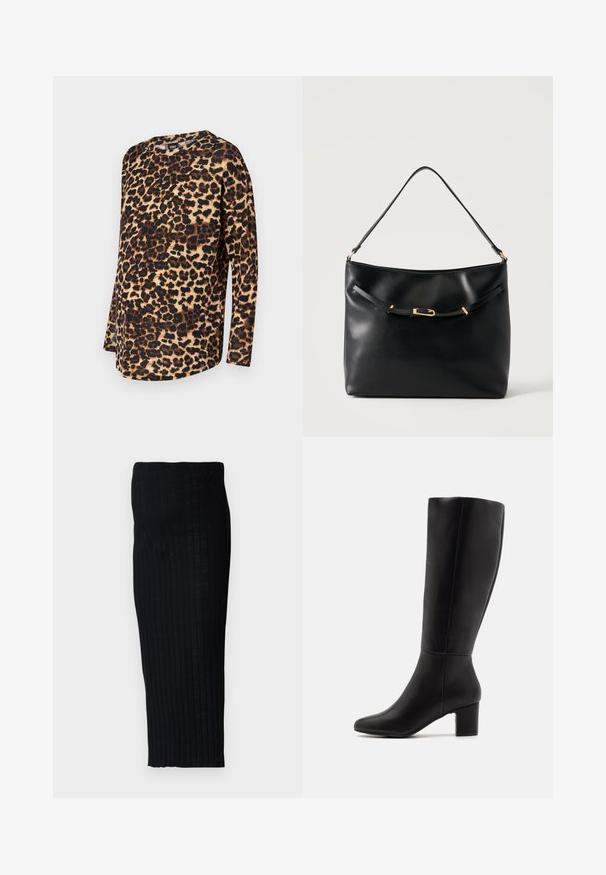 Leopardprint lange mouwen top, met een comfortabele pasvorm, ronde halslijn en zachte stof met bruine en zwarte vlekken op een lichte achtergrond.; Zwarte geribde midi-jurk met een aansluitende silhouet, voorzien van verticale lijnen voor textuur. Gemaakt van een rekbare stof voor comfort.; Anna Field by Zalando Laarzen - black; Zwarte leren schoudertas met een enkele band en een klein gouden gespsdetail aan de voorkant tegen een effen lichte achtergrond.