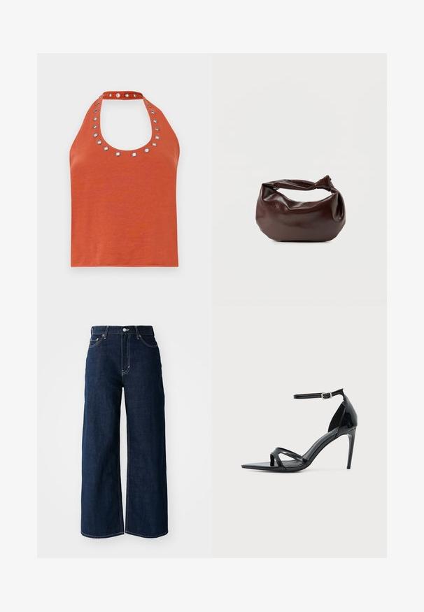 Haut halter de couleur rouille avec un col rond, comportant des œillets en métal argenté autour du col. Texture douce et design ajusté.; Jeans en denim bleu foncé à jambes larges avec des coutures contrastées, un design à cinq poches et une fermeture à bouton à la taille.; Sandale à talon haut en cuir verni noir avec fine bride à la cheville, bout ouvert et design minimaliste sur fond clair uni.; Sac bandoulière en cuir marron foncé avec une forme souple et décontractée et une anse nouée torsadée sur un fond blanc uni.