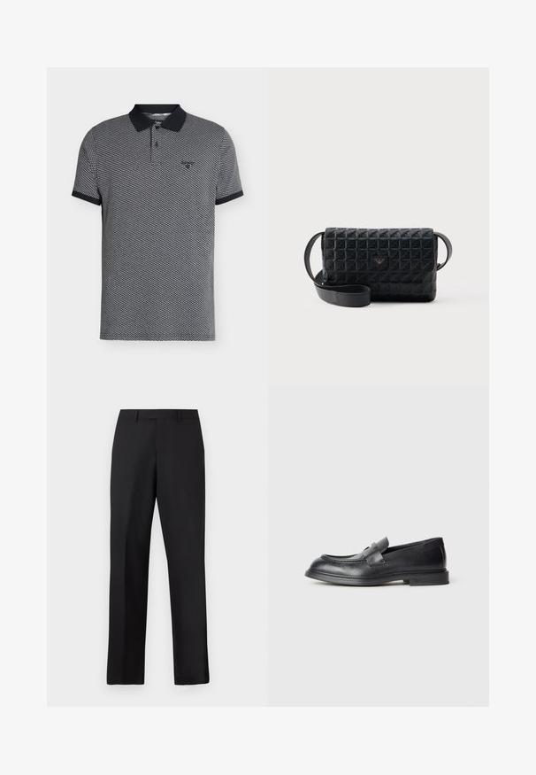 Polo homme manches courtes avec col et poignets noirs, avec un petit motif géométrique et un logo brodé discret sur la poitrine.; Pantalon noir à jambes droites en tissu lisse. Comprend une ceinture standard et aucun motif ou accent visible.; Mocassins en cuir noir avec une finition texturée, dotés d'une bride décorative à l'avant et d'un bout arrondi. Semelle en caoutchouc pour plus de durabilité.; Sac bandoulière noir texturé avec une fermeture à rabat et un petit logo en métal sur le devant, présenté sur un fond uni.