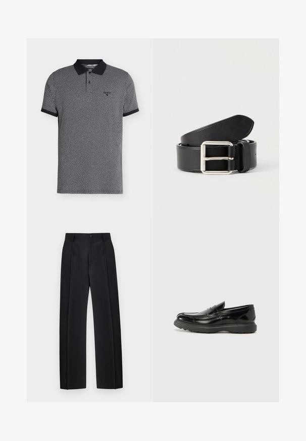 Polo homme manches courtes avec col et poignets noirs, avec un petit motif géométrique et un logo brodé discret sur la poitrine.; Pantalon noir ajusté à jambes droites avec plis devant, passants pour ceinture et fermeture par bouton à la taille.; Mocassin en cuir noir avec une finition brillante, bout arrondi, détails de couture subtils et semelle en caoutchouc épaisse pour la durabilité.; Ceinture en cuir noir à texture lisse, boucle en métal argenté, et design épuré et simple. Comprend des trous pour un ajustement réglable.