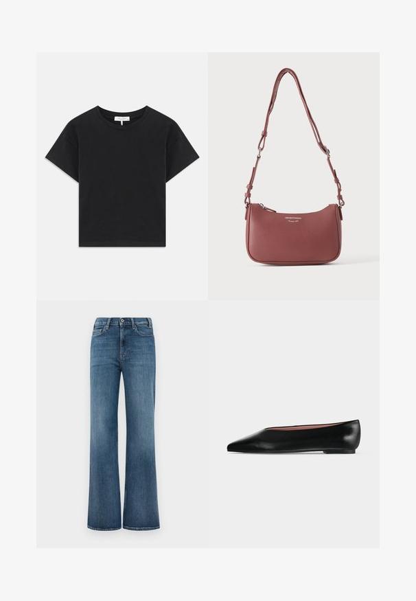 T-shirt noir cropped en coton, avec un col rond, des manches courtes et un design simple sans motifs ni embellissements.; Jean en denim bleu avec une coupe large, fermeture à bouton et à zipper, et poches avant et arrière, présentés sur un fond blanc uni.; Chaussure plate en cuir noir pour femme, avec bout pointu et petit talon, vue de côté sur un fond gris clair uni.; Petit sac à bandoulière en cuir mauve texturé avec sangle réglable et fermeture éclair argentée, arborant le logo Emporio Armani Milano 1981 sur le devant.