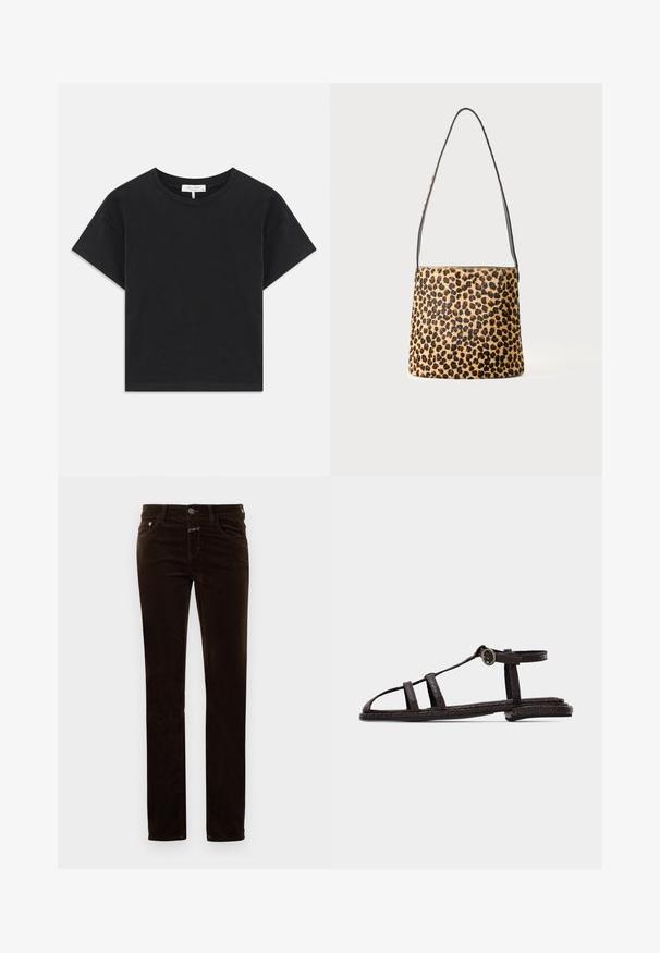 T-shirt noir cropped en coton, avec un col rond, des manches courtes et un design simple sans motifs ni embellissements.; Pantalon en velours côtelé marron avec une coupe droite, doté d'une fermeture à bouton, de deux poches avant et d'un tissu doux au toucher.; Sandale plate marron foncé avec des brides texturées, boucle à la cheville et design à bout ouvert sur un fond clair uni.; Sac à épaule imprimé léopard avec une longue bandoulière noire et une forme rectangulaire sur un fond clair uni.