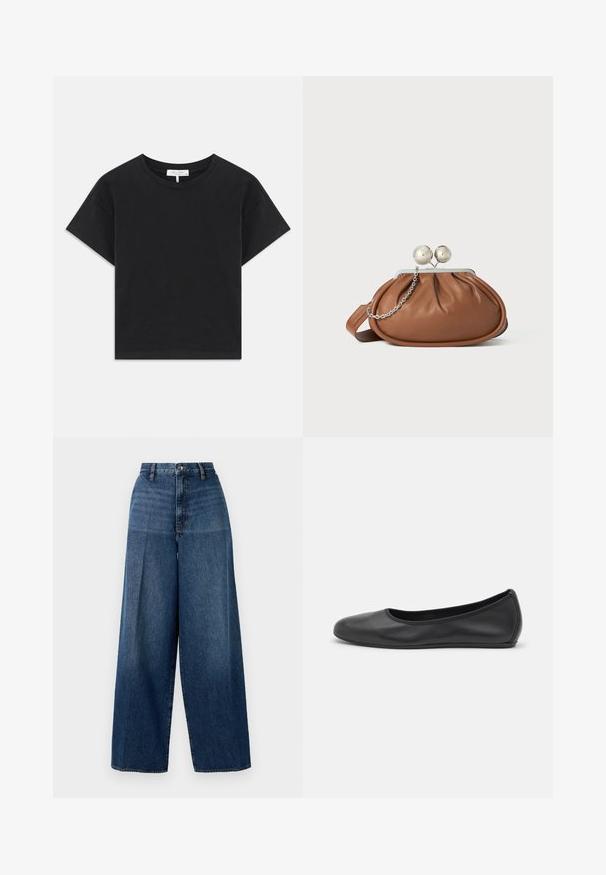 T-shirt noir cropped en coton, avec un col rond, des manches courtes et un design simple sans motifs ni embellissements.; Jeans en denim à jambes larges de couleur bleu foncé. Présentent une taille haute, une fermeture à glissière et une décoloration subtile. Fabriqués à partir d'un tissu en coton texturé.; Ballerines en cuir noir avec un bout rond, texture lisse, détails de couture minimalistes et design de semelle flexible.; Pochette en cuir marron avec un fermoir à boule en argent et un petit détail en chaîne argentée sur fond blanc.