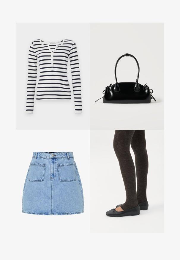 Lang-geverfde, gestreepte T-shirt in wit en marineblauw. Geribbeld textuur met een ronde halslijn en een knoopsluiting met vier knopen aan de voorkant.; Lichtblauwe denim mini-jurk met een hoge taille, sluiting met knopen aan de voorkant en twee achterzakken. Kenmerkt zich door contrasterende stiksels en een rechte pasvorm.; Benen met donkere geribbelde leggings gecombineerd met zwarte ballerina's met kleine strikdetails op een witte achtergrond.; Kleine zwarte glanzende handtas met twee lange hengsels en zijkant trekkoord details op een effen lichte achtergrond.