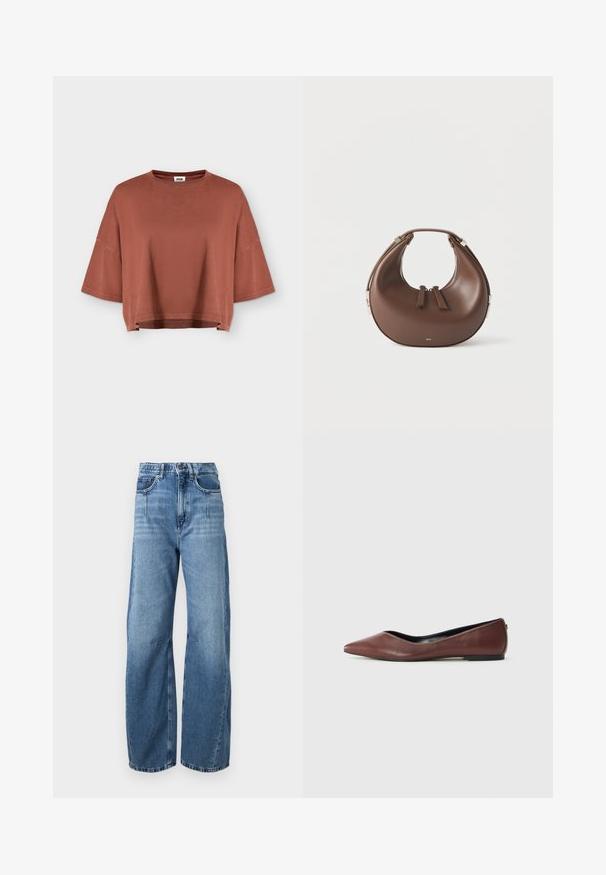 T-shirt court de couleur rouille avec larges manches courtes et col rond, présenté sur un fond plat gris clair.; Jeans en denim bleu clair taille haute avec jambes larges, poches avant et arrière, fermeture par boutons, et décoloration subtile sur les cuisses et les genoux.; Ballerine en cuir marron à bout pointu avec semelle noire présentée de profil sur fond blanc.; Sac à main en cuir marron en forme de croissant avec une poignée supérieure et deux curseurs de fermeture éclair, sur fond blanc.