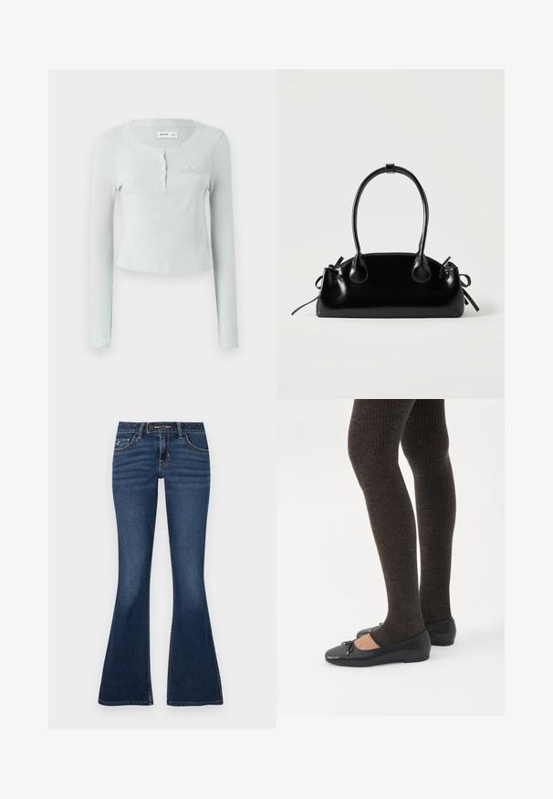 Lysegrøn ribbet langærmet top med rund halsudskæring, knaplukning og et diskret præget logo på brystet. Blød tekstur.; Flared jeans i mørkeblå denim med et klassisk fem-lomme-design, kontrastsyninger og lynlås med knaplukning.; Ben iført mørke ribbede leggings kombineret med sorte balletsko med små sløjfedetaljer på hvid baggrund.; Lille sort blank håndtaske med to lange håndtag og snøre-detaljer i siden på en ensfarvet lys baggrund.