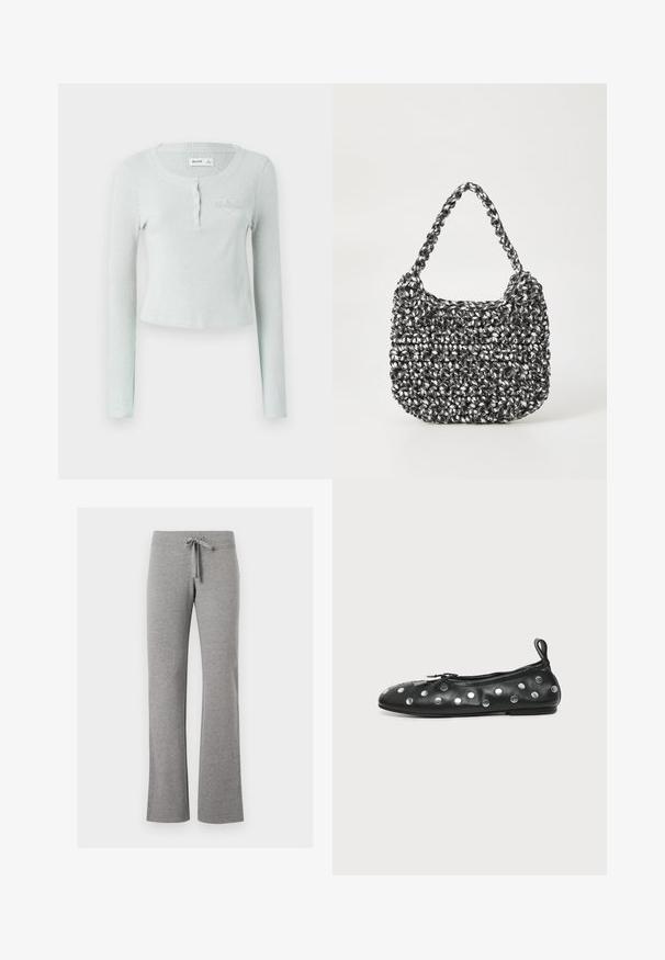 Hellgrünes, geripptes Langarmoberteil mit Rundhalsausschnitt, Knopfleiste und einem dezenten eingeprägten Logo auf der Brust. Weiche Textur.; Graue Sweatpants aus Baumwollmischung mit weitem Schnitt, elastischem Bund und verstellbarem Kordelzug. Weiche Textur, glatte Oberfläche, ohne Muster.; Schwarzer Leder-Ballerinaschuh mit silbernen runden Nieten, Schleifendetail vorne und einer Lasche an der Ferse, auf weißem Hintergrund dargestellt.; Gewebte Handtasche in Schwarz und Weiß mit runder Form, strukturiertem Oberflächenfinish und geflochtener Grifffläche. Geeignet für den lässigen Gebrauch.