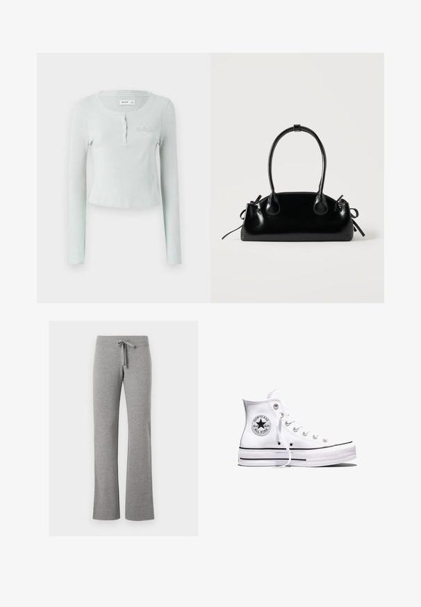 Lichtgroene geribde lange mouw top met een ronde halslijn, knoopsluiting en een subtiele geëtste logo op de borst. Zachte textuur.; Grijze sweatpants van een katoenmengsel met een wijdere pijp, een elastische tailleband en een verstelbaar trekkoord. Zachte textuur, gladde afwerking, zonder patronen.; Witte Converse Chuck Taylor All Star sneaker met hoge schacht, zwarte strepen en logo-patch aan de zijkant, weergegeven tegen een effen witte achtergrond.; Kleine zwarte glanzende handtas met twee lange hengsels en zijkant trekkoord details op een effen lichte achtergrond.
